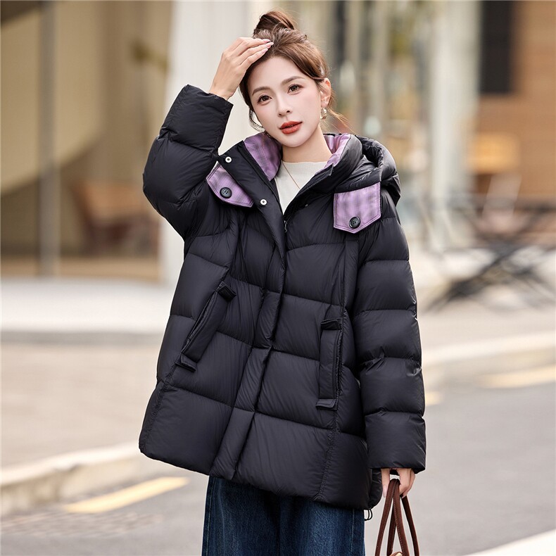时尚撞色拼接90白鸭绒羽绒服2025冬季新款加厚连帽羽绒外套,女装羽绒服,沁沁公主