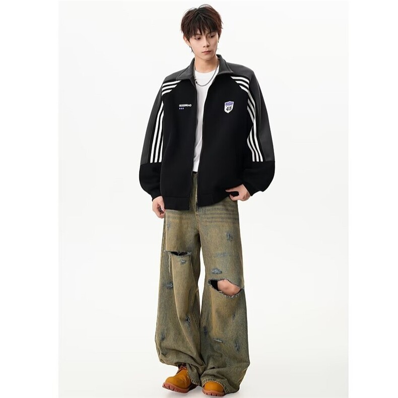港风秋款男卫衣开衫三条杠条纹撞色印花运动夹克外套WY0052P45,男装夹克,星座1013-1