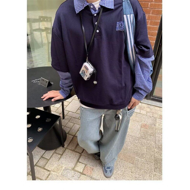 W9499-P45网图现货新款假两件拼接格子衬衫休闲POLO衫百搭T恤,男装T恤,星座1608-2
