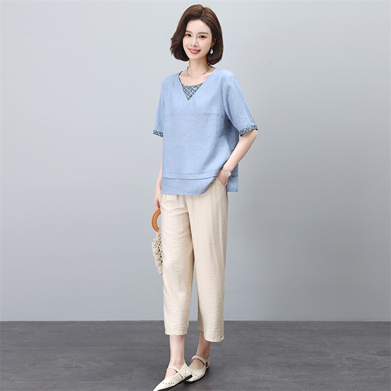 休闲文艺国风套装女2024新款夏装时尚苎麻高端刺绣复古休闲两件套,女装套装/套裙,凝聚力