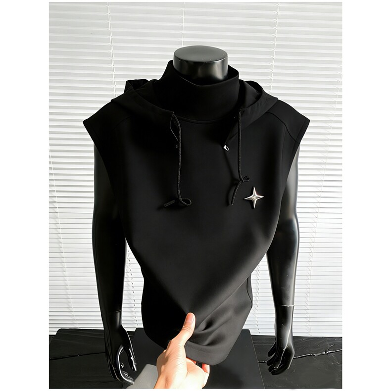 可拆卸帽子背心百搭坎肩短袖T恤痞帅背心黑武士风1016-1T338P43，男装背心/马甲，星座1016-1（原电商B408-1）