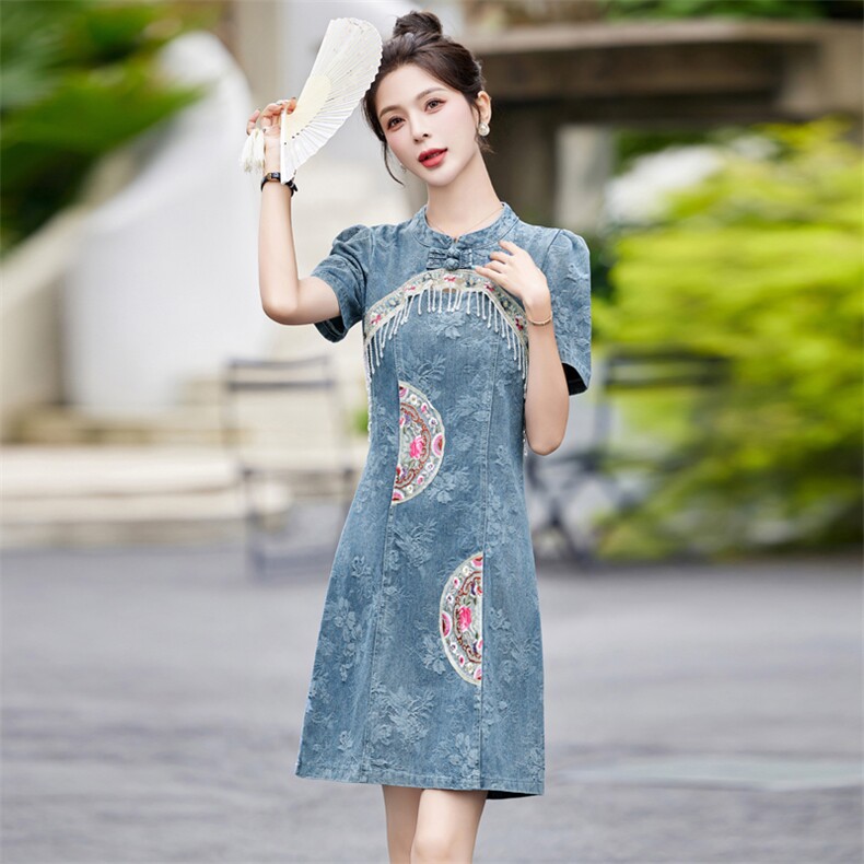 国风新中式重工流苏牛仔连衣裙女2024夏新款收腰显瘦减龄提花裙子,女装连衣裙,英标秀（1C119）