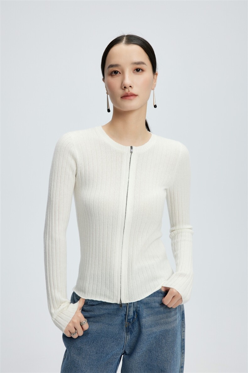 秋冬新款圆领女拉链修身开衫毛衣上衣针织衫,针织衫/毛衣,玛卡隆羊绒
