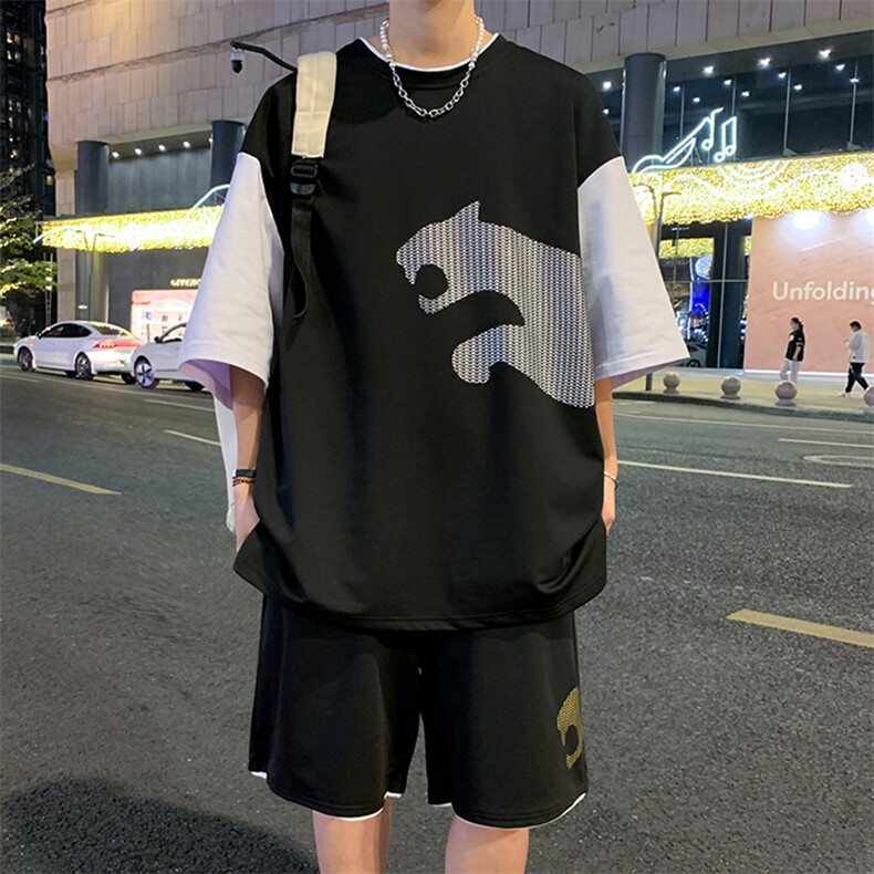 高品质夏季短袖T恤港风套装青少年纯棉潮流假男装DF317P65控89,男装休闲套装,电商A086