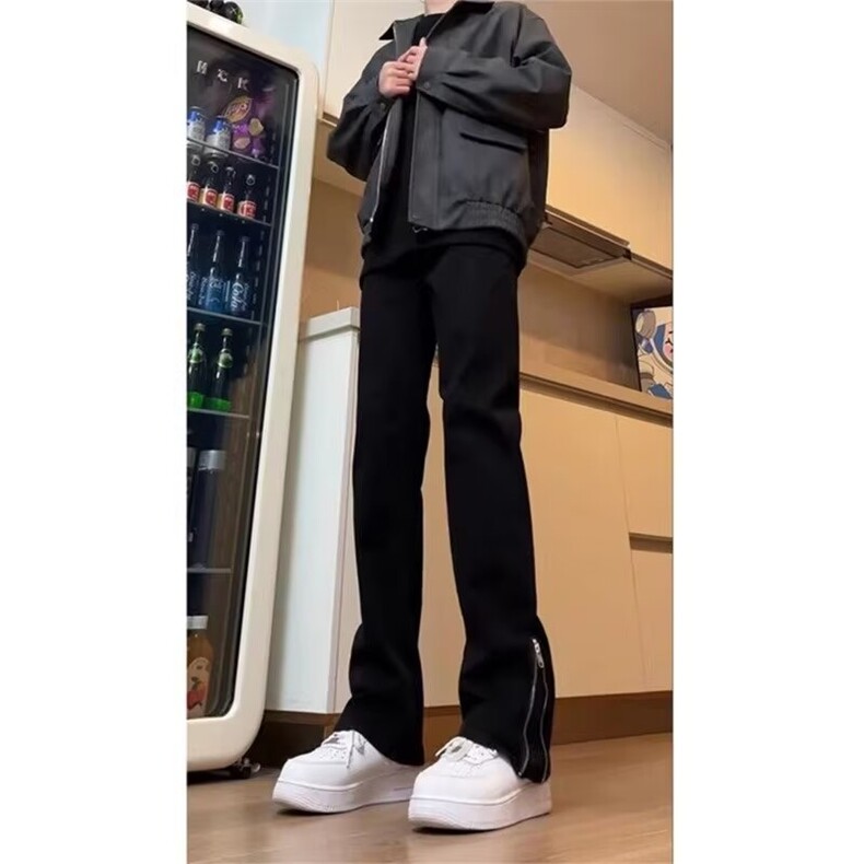 美式高街裤子男款侧边拉链黑色软牛仔裤修身长微喇裤RK3167-P37,男装牛仔裤,星座412-1
