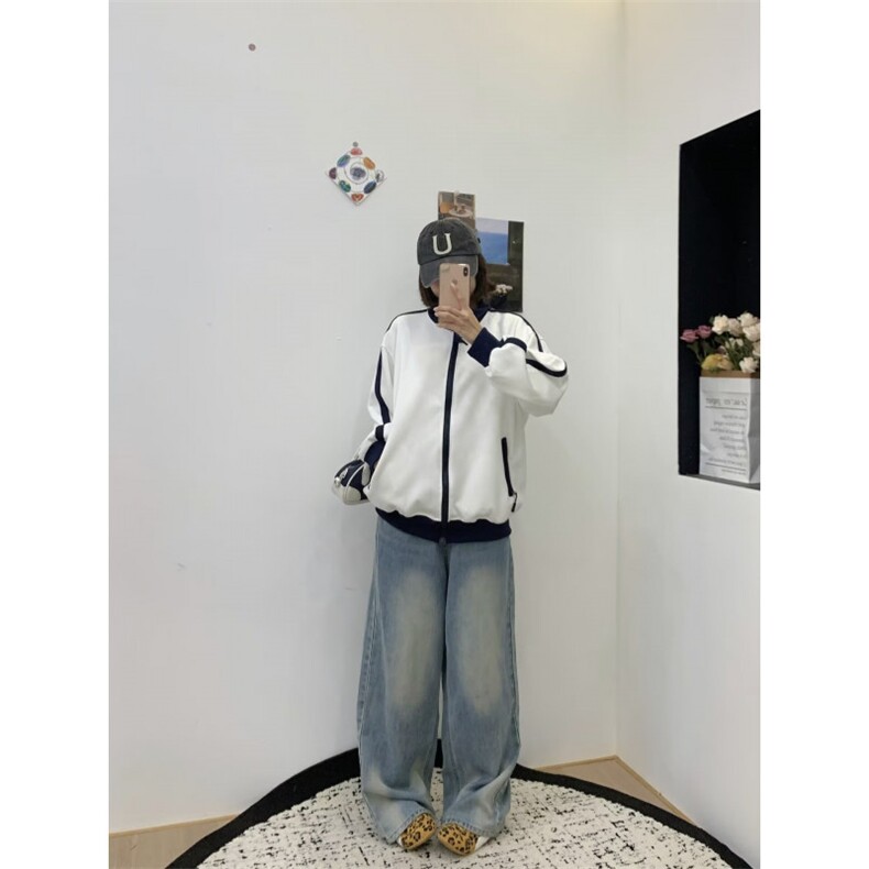 美式复古慵懒中性风撞色插肩袖卫衣男女宽松潮牌情侣拉链开衫外套图片
