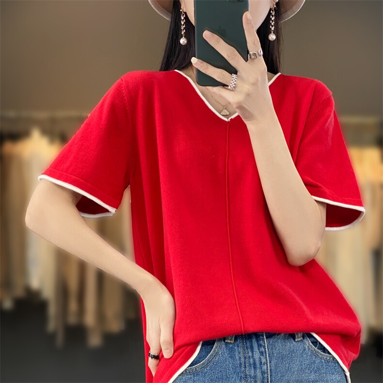 100%纯棉短袖t恤女2024春夏新款v领韩版宽松拼色百搭短款打底上衣,女装T恤,鹿一羊绒