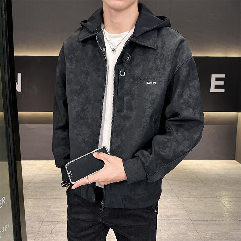 休闲连帽皮衣男2025秋款店主风皮夹克带帽外套潮B317/812/P145图片