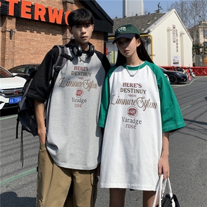 情侣装夏装 拼接插肩袖情侣印花短袖T恤衫宽松上衣男 G1053 P35女图片