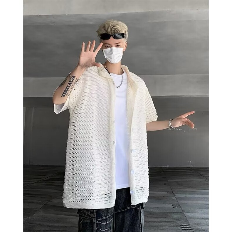 夏季潮牌男生针织短袖衬衣冰丝针织衫外套图片