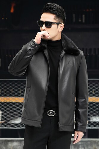 J8069新款海宁男式绵羊皮皮衣男翻领兔毛内胆皮克服夹克P990,男装皮衣,电商B360