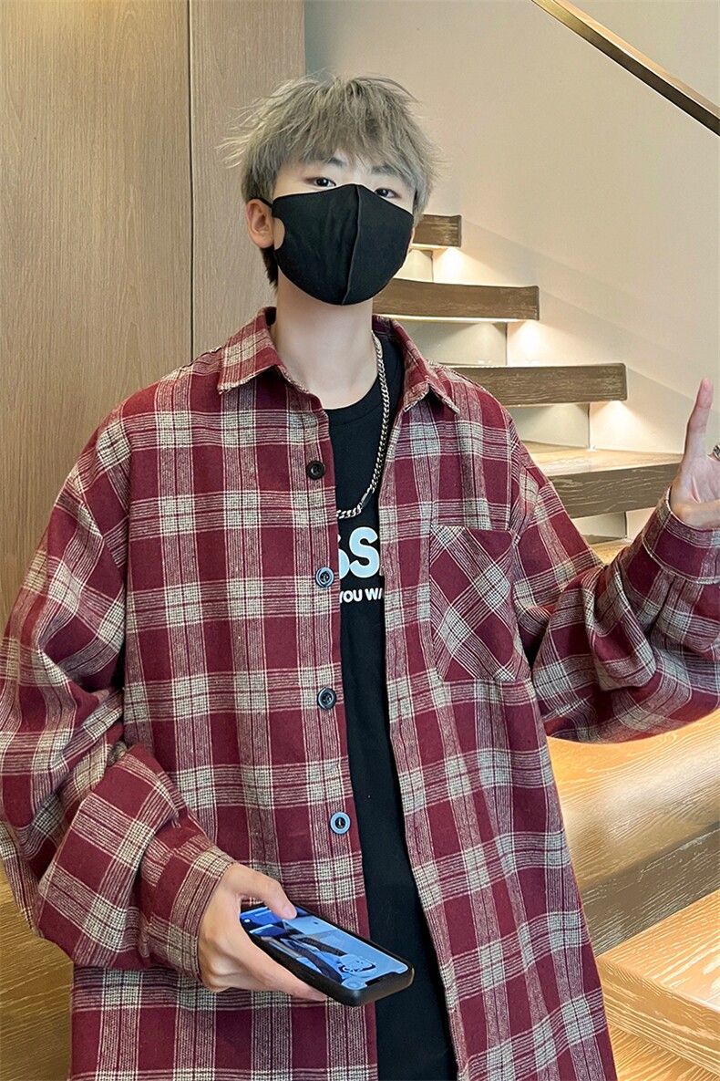 8XL-M格子衬衫男长袖秋季美式复古潮宽松衬衣外套CS516P55控78,男装衬衫,电商D206-1