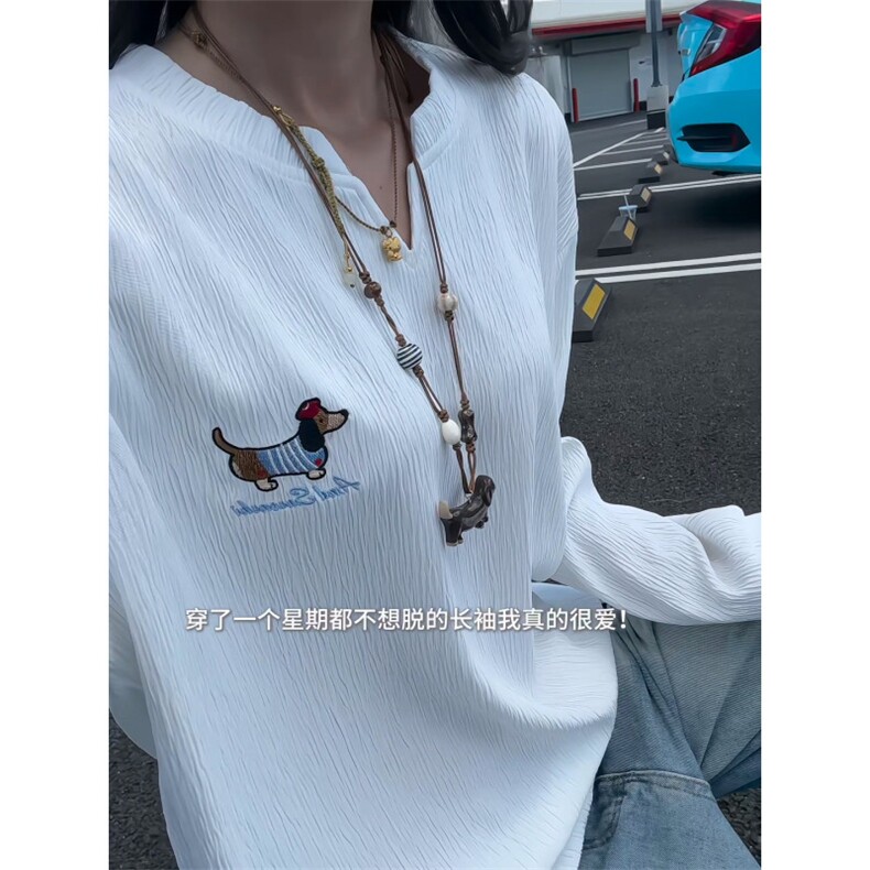 XZ809A/SYR02/特P24/控48   肌理感绣花腊肠狗V领长袖T恤卫衣图片