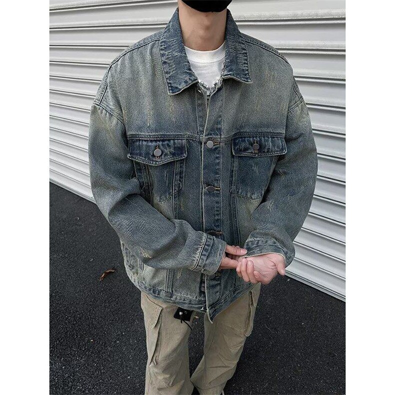 美式高街水洗做旧牛仔外套男春秋季潮牌复古痞帅宽松J3565,男装夹克,星座1116A-1（原606A）