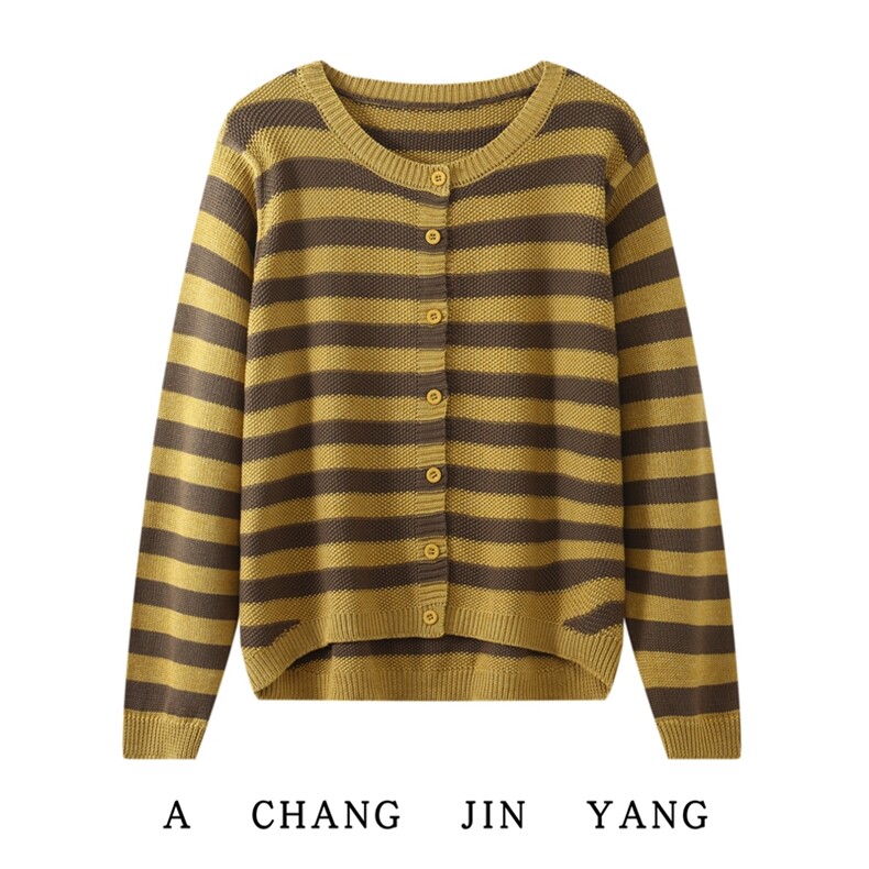 2025年秋季新款圆领条纹针织女士开衫外套时尚休闲通勤百搭，女装针织衫/毛衣，长今羊