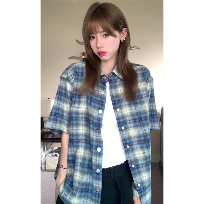 Vintage美式复古蓝色慵懒格子情侣衬衫男女夏季短袖宽松休闲外套，男装T恤，星座506A