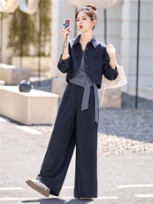 休闲时尚方格牛仔套装女2025年春秋新款高腰宽松显瘦阔腿裤三件套，女装套装/套裙，意芙