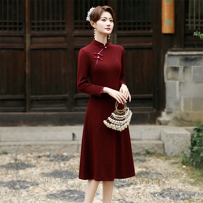 新中式风加厚弹力复合蕾丝提花长袖旗袍2553P135,女装汉服/婚纱/旗袍/礼服,乐衣轩