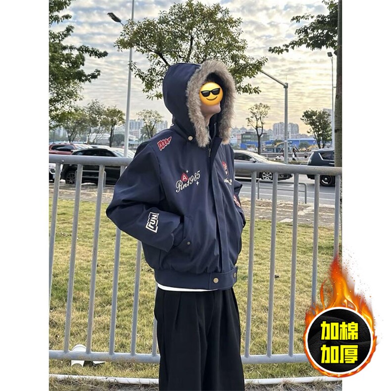 现货高品质美式高街重磅刺绣座山雕大毛毛领棉衣男女加厚棉服外套，男装棉衣，电商A486-1