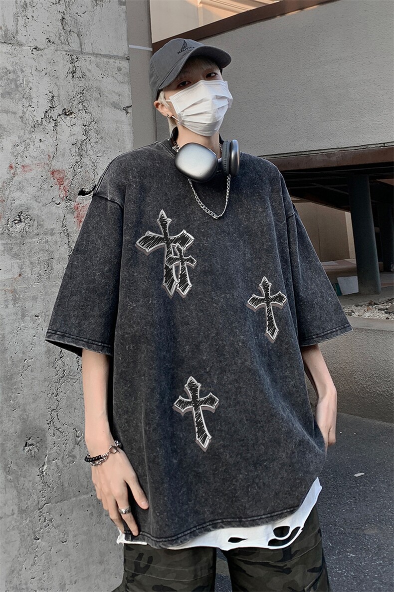 B239-1129-P38美式十字架印花复古水洗做旧落肩袖短袖T恤上衣,男装T恤,星座514-2(原B239)