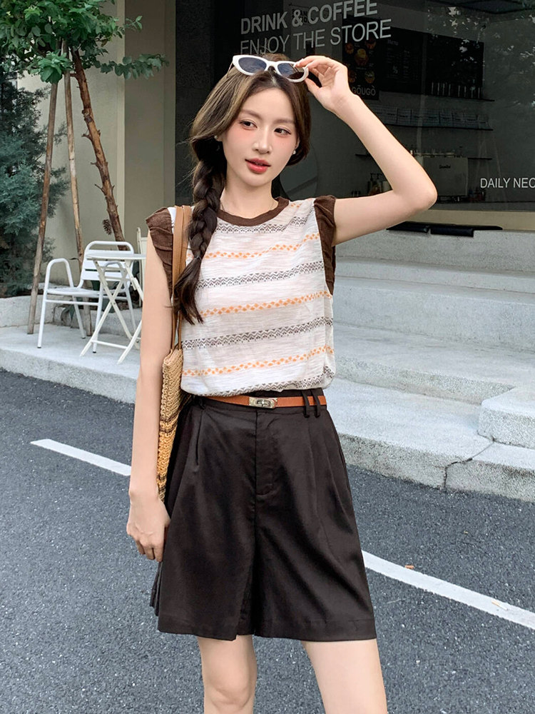2026韩版显瘦条纹拼接T恤+小个子休闲配腰夏季新款两件套,女装套装/套裙,心心服饰