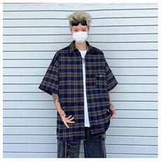 夏季复古拼接格子衬衫男2024新款潮牌宽松短袖衬衣现货W8247-P43，男装衬衫，星座512-4
