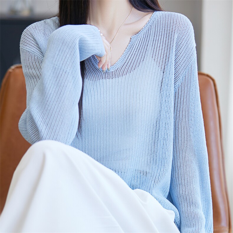 高级感镂空微透冰丝针织长袖T恤女轻薄透气宽松防晒罩衫绝美上衣,针织衫/毛衣,唐诺