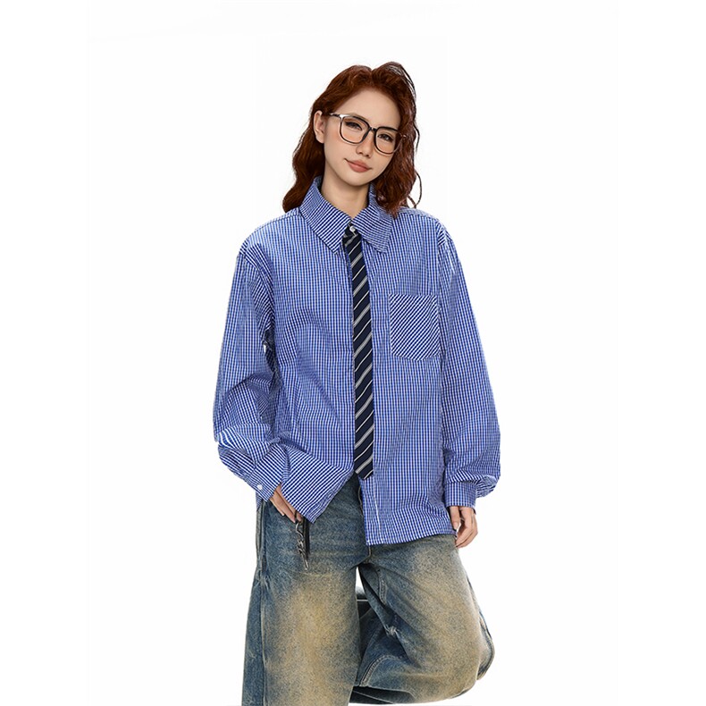 蓝色假领带格子衬衫男女早秋韩系出游氛围感穿搭cleanfit长袖上衣图片