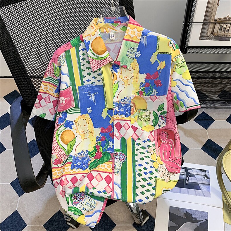 夏威夷短袖花衬衫男女夏季凉感复古油画宽松衬衣外套休闲情侣上衣,男装衬衫,星座601-1