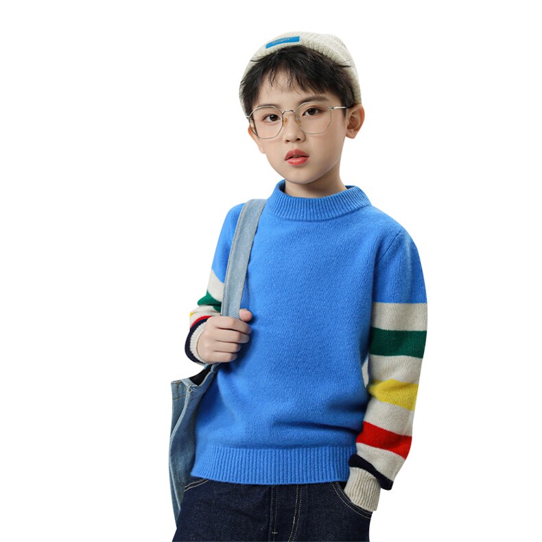 儿童秋冬款撞色半高领羊毛衫舒适保暖多彩条纹柔软亲肤百搭潮流,童装儿童羊毛衫,凯旺羊绒