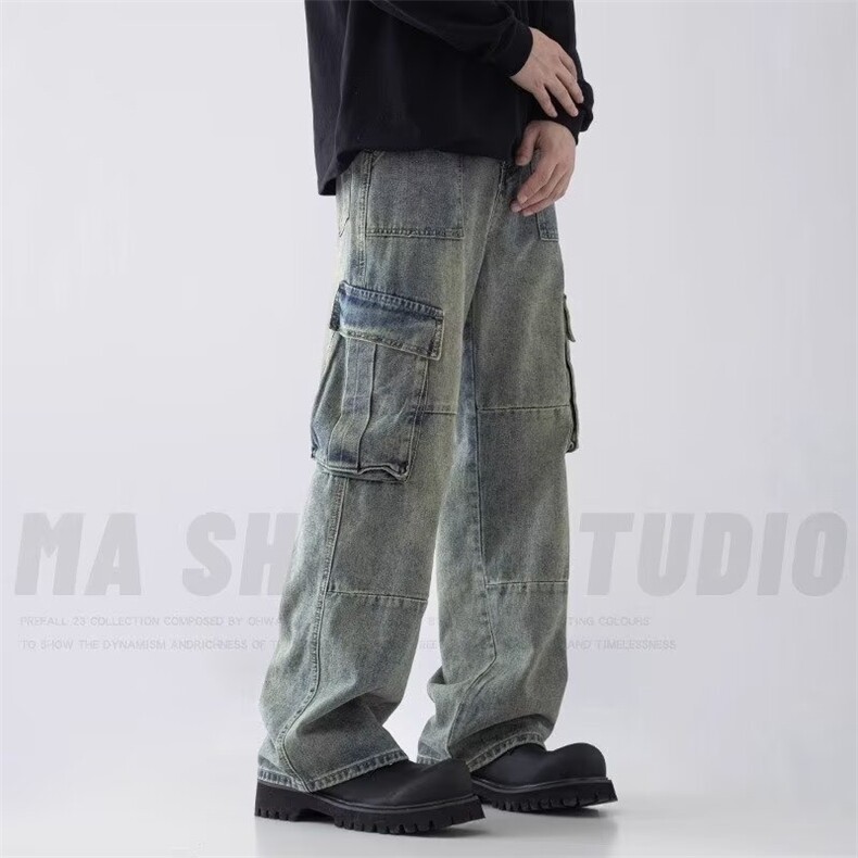 美式复古怀旧水洗多口袋牛仔裤男新款直筒宽松工装裤潮WA061P51,男装牛仔裤,星座1112-1