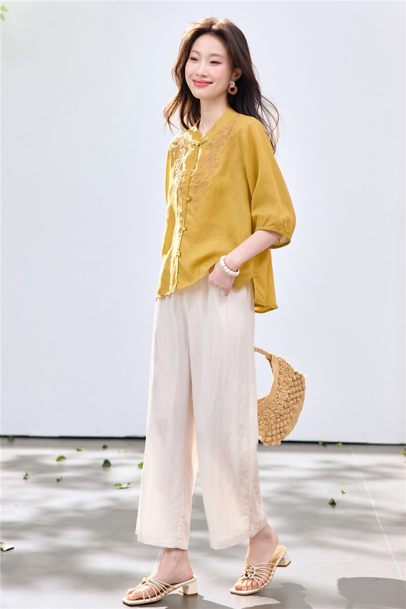 长期现货2026夏季新款天丝苎麻刺绣衬衫T恤中年阔腿裤两件套装女,女装套装/套裙,璐依舞