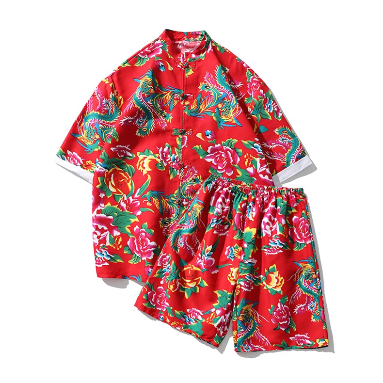 TZ2023夏季男士休闲大码短袖衬衣套装东北大花民族风风套装潮，男装休闲套装，星座115A(原星座507）