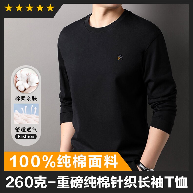 F83062主推款重磅260克纯棉针织圆领长袖T恤刺绣LOGO微阔版型图片