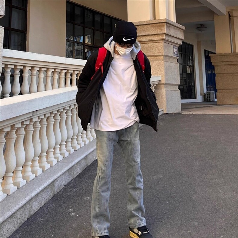 美式高街设计感做旧拼接牛仔裤男潮牌复古宽松显瘦百搭微喇叭长裤,男装牛仔裤,星座506A