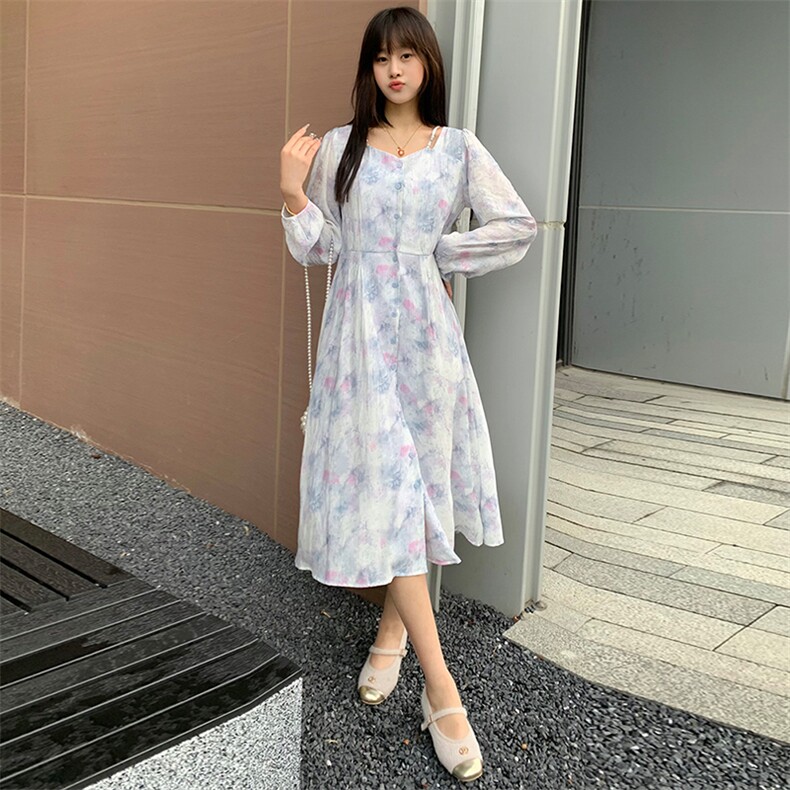 现货2024年春季时尚气质减龄修身显瘦长袖印花连衣裙,女装连衣裙,煊芮熙