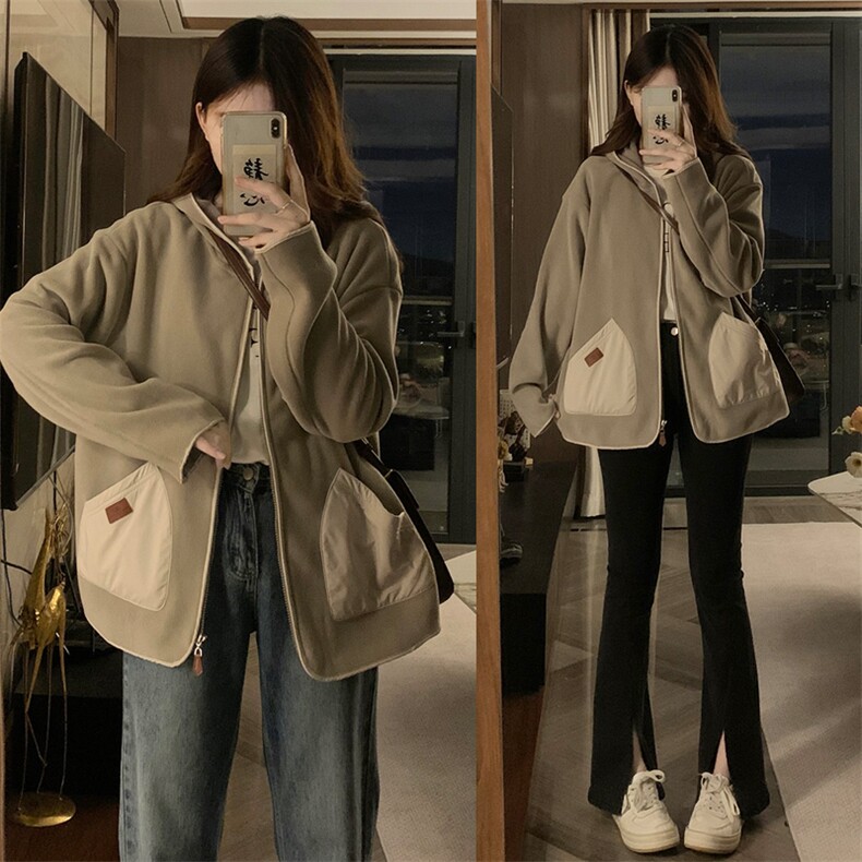 双面绒外套女2025秋春新款双插兜加绒拉链连帽衫夹克 C801-P100图片