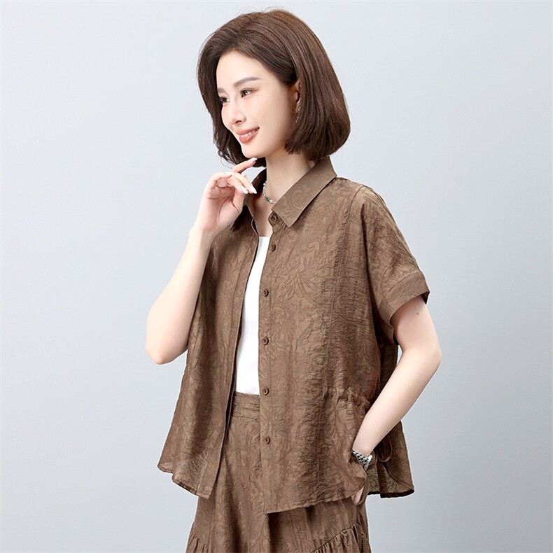 妈妈休闲天丝衬衫阔腿裤女夏中年洋气减龄时尚高端宽松,女装衬衫,雪樱依海