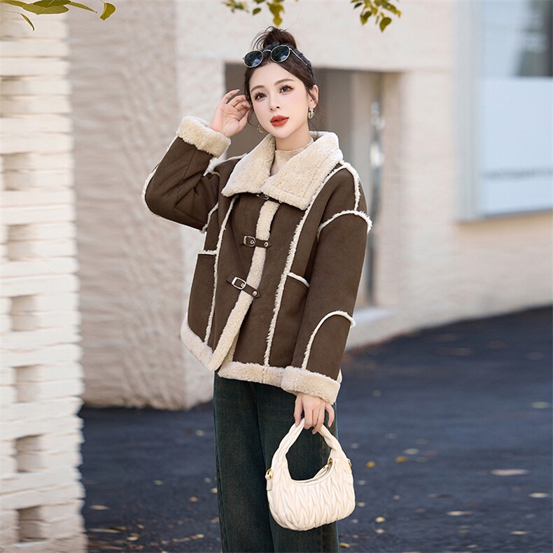 立领麂皮绒羊羔毛外套女冬季宽松加厚保暖短款皮毛一体机车服棉衣,女装羊羔毛/颗粒绒,蝶眷