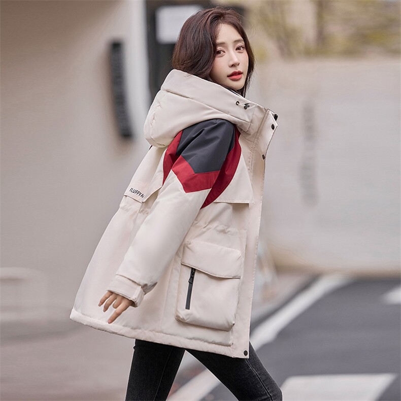 时尚撞色工装羽绒服女中长款2025冬季新款连帽收腰保暖白鸭绒外套,女装羽绒服,星宇服饰
