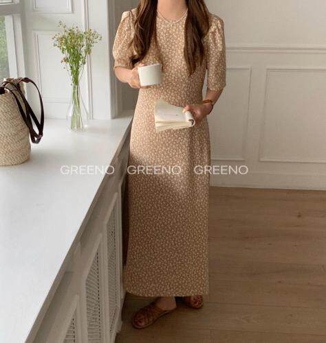 收腰碎花连衣裙，女装连衣裙，GREENO