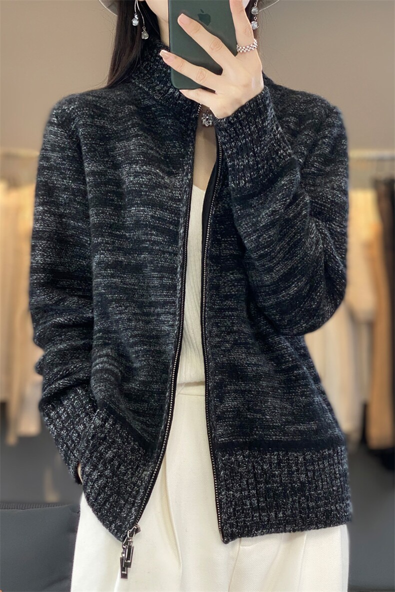 秋冬新款半高领羊绒开衫女长袖毛衣宽松百搭加厚羊毛针织外套上衣,女装羊毛衫,忠诺羊绒