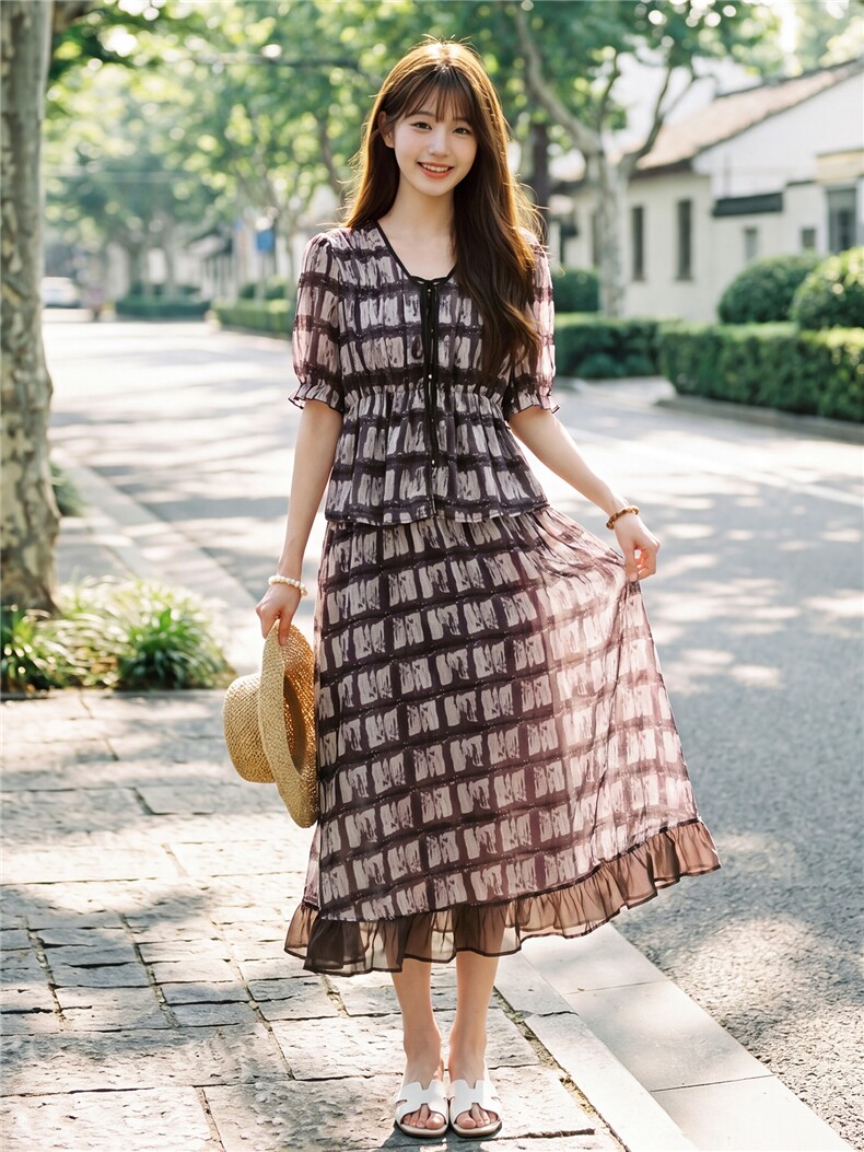 时尚休闲格纹显瘦系带上衣木耳边半裙超仙两件套女,女装套装/套裙,水衣源