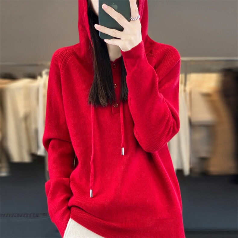 慵懒风安迪绒带帽毛衣女春秋打底衫宽松卫衣连帽针织衫内搭帽衫,针织衫/毛衣,大美人包芯纱店
