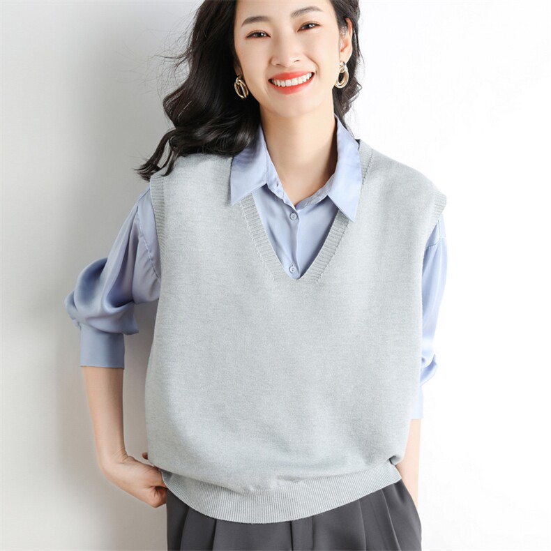 秋冬季新款纯色V领毛衣女宽松显瘦百搭针织马甲,女装马甲,贵皇网供仓
