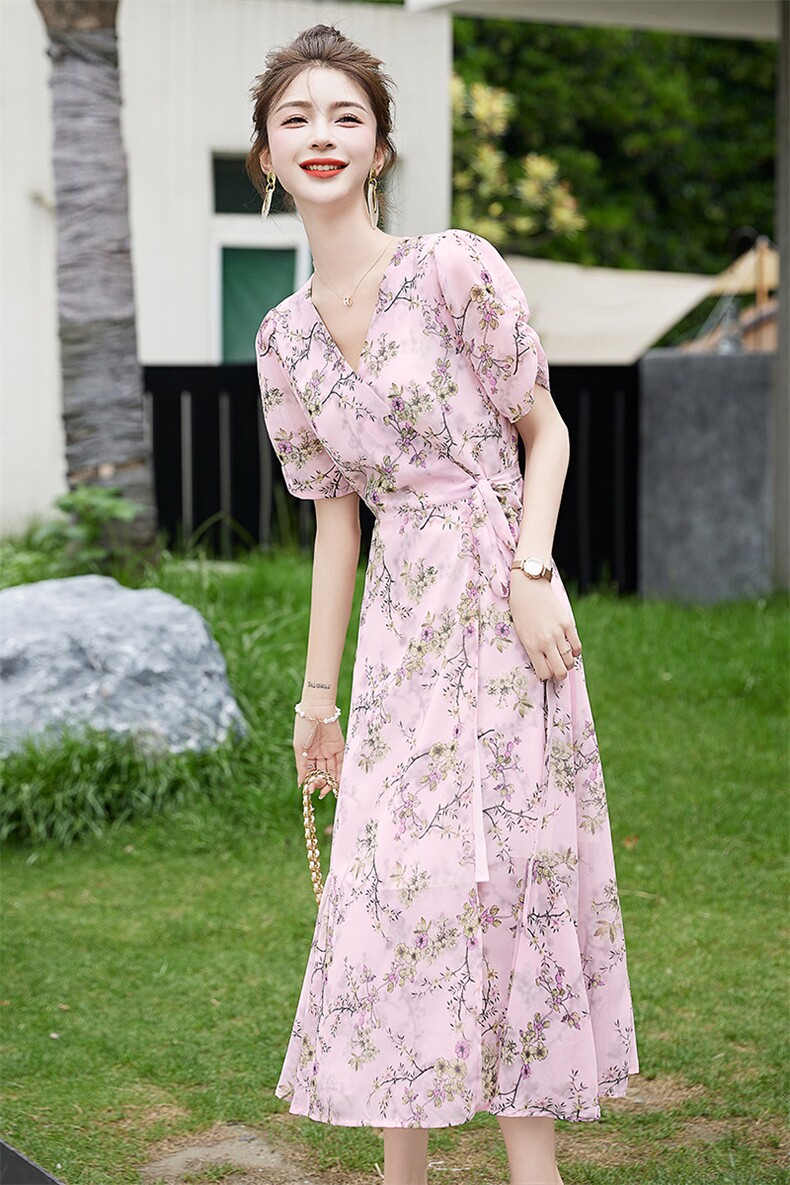 夏天长裙显瘦显高气质连衣裙女神范2023年新款雪纺碎花裙子轻熟风,女装连衣裙,牡丹诺