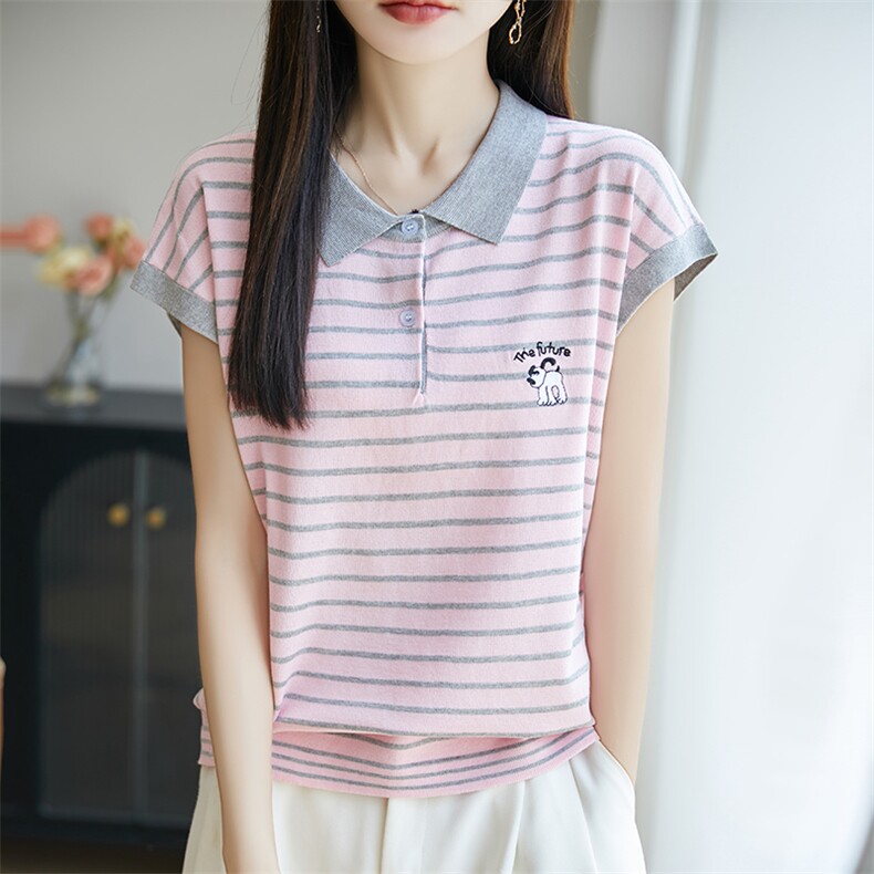 夏季新款女装polo领时尚休闲百搭针织上衣冰丝小衫条纹短袖T恤女,女装T恤,菲奥羊绒