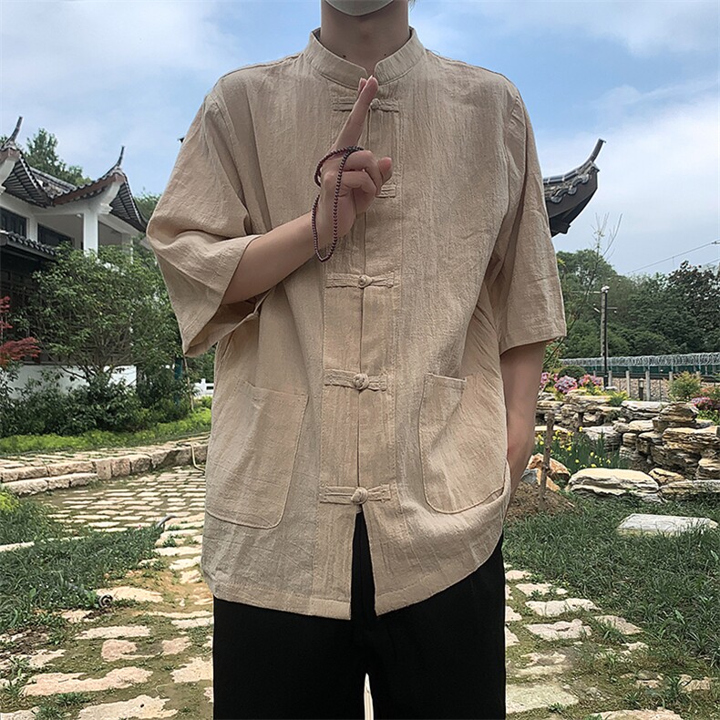现货新中式亚麻短袖风棉麻中华立领盘扣衬衣MT8515-P38控58,男装T恤,星座205-5