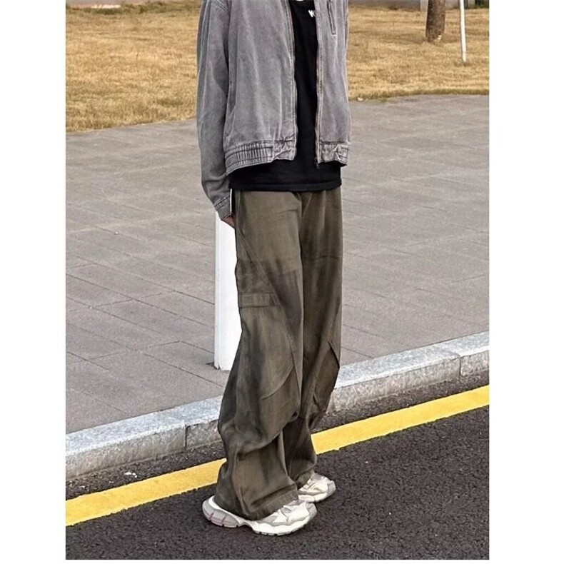 小众设计感宽松褶皱拼接做旧牛仔裤男潮牌休闲阔腿廓形弯刀裤,男装牛仔裤,星座506A