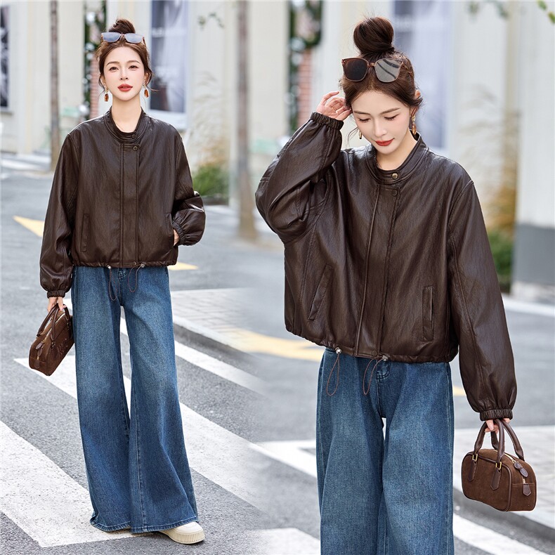 欧货高级感淡黄色白皮衣外套女2026春秋新款蝙蝠袖pu短夹克小个子,女装皮衣,美拉德工厂直营店
